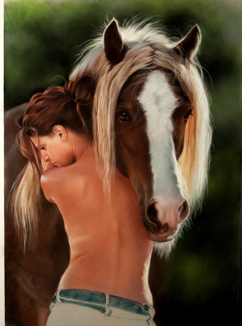 beautiful and tender portrait of the love of a lady for her horse.