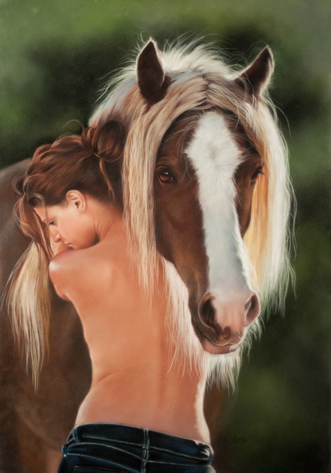 Beautiful and tender portrait of the love of a lady for her horse.